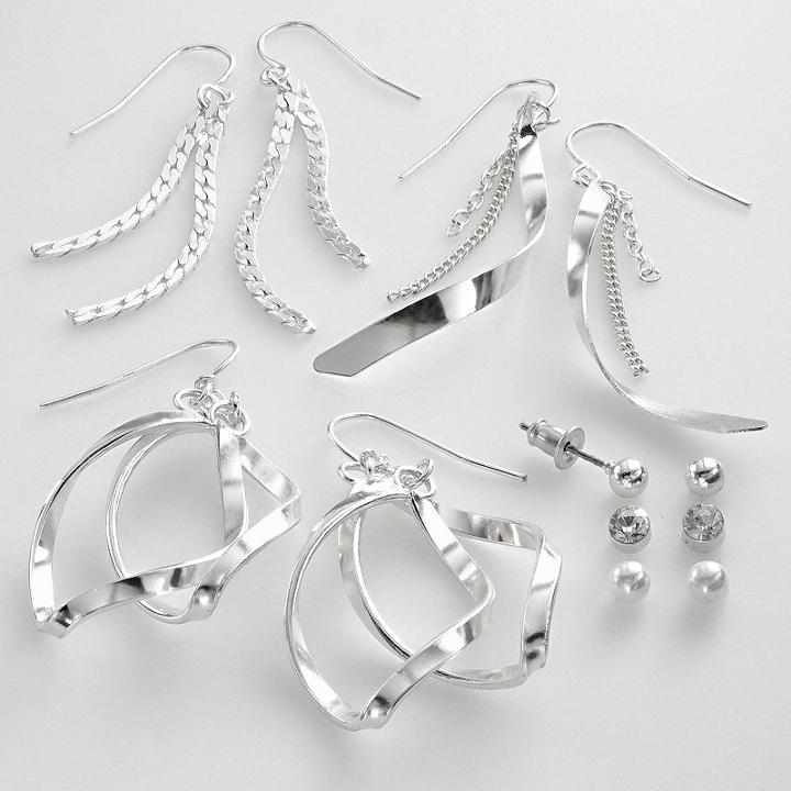 So Silver Tone Simulated Crystal And Simulated Pearl Ball Stud And Swirl Drop Earring Set, Women's, Grey