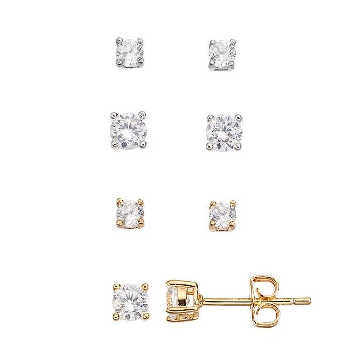 B-set Cubic Zirconia Silver-plated & 14k Gold Over Brass Stud Earring Set, Women's, White