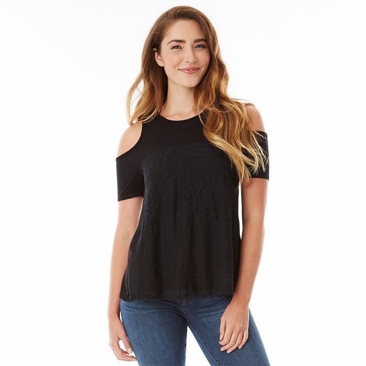 Juniors' Iz Byer California Lace Cold-shoulder Top, Girl's, Size: Xl, Black