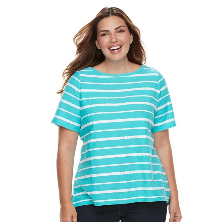 Plus Size Croft & Barrow&reg; Striped Embellished Boatneck Tee, Women's, Size: 1xl, Turquoise/blue (turq/aqua)
