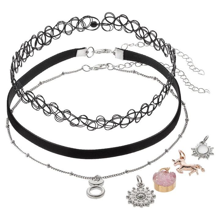 Mudd&reg; Taurus, Unicorn & Starburst Interchangeable Charm Choker Necklace Set, Women's, Black