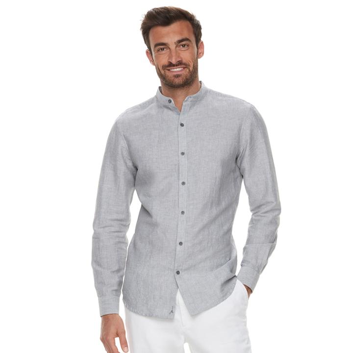 Men's Marc Anthony Slim-fit Linen-blend Band-collar Button-down Shirt, Size: Xl, Med Grey
