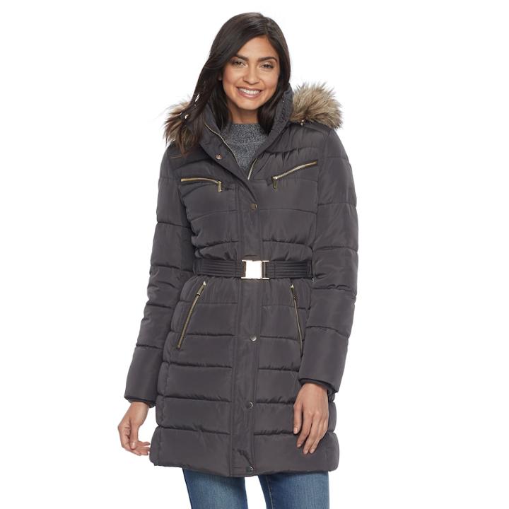 Women's Apt. 9&reg; Hooded Faux-fur Trim Puffer Jacket, Size: Medium, Dark Grey