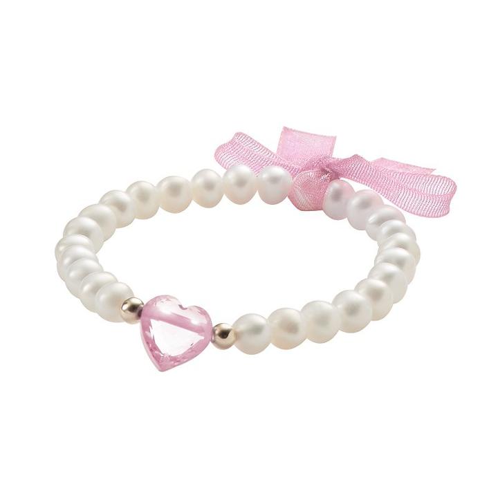 Junior Jewels 14k Gold Freshwater Cultured Pearl And Heart Bead Stretch Bracelet - Kids, Girl's, Size: 5, Pink