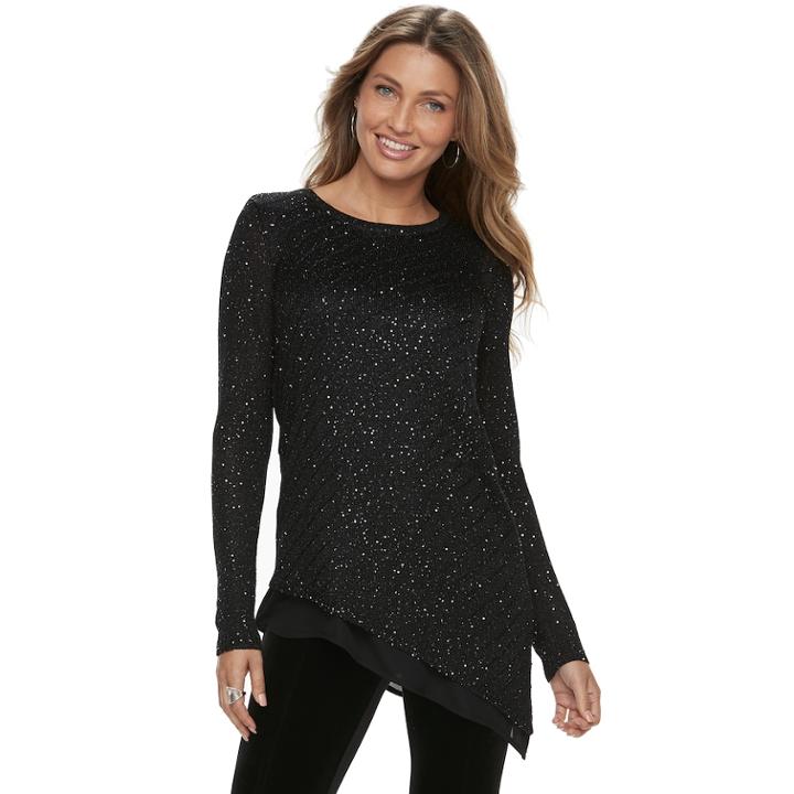 Women's Apt. 9&reg; Asymmetrical Sequin Crewneck Sweater, Size: Medium, Black