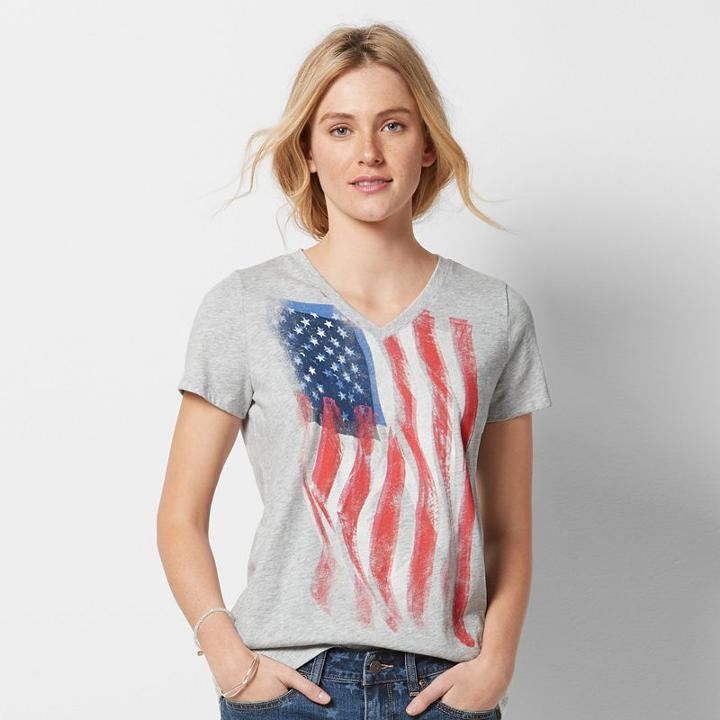 Women's Patriotic Graphic V-neck Tee, Size: Small, Grey