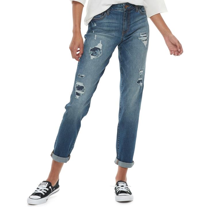Juniors' Tinseltown Mid-rise Rip & Repair Floral Roll-cuff Ankle Skinny Jeans, Teens, Size: 11, Dark Blue