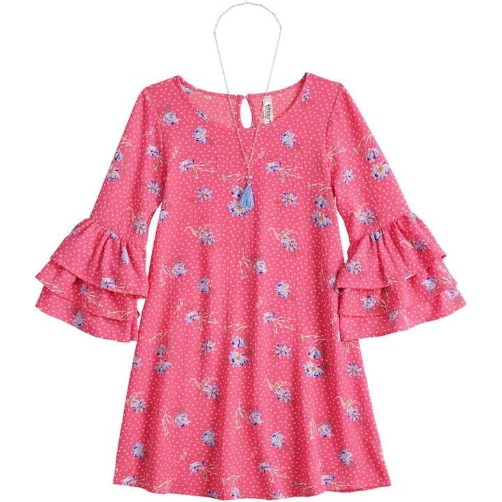 Girls 7-16 Beautees Ruffled Sleeve Shift Dress With Necklace, Size: 16, Lt Orange