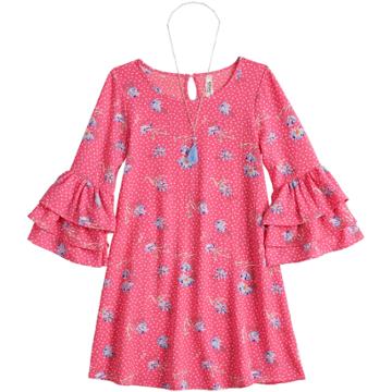 Girls 7-16 Beautees Ruffled Sleeve Shift Dress With Necklace, Size: 16, Lt Orange