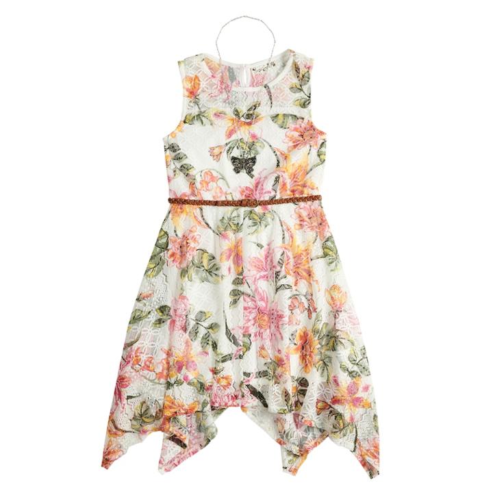 Girls 7-16 Knitworks Flower Sharkbite Belted Dress & Necklace Set, Size: 16, White
