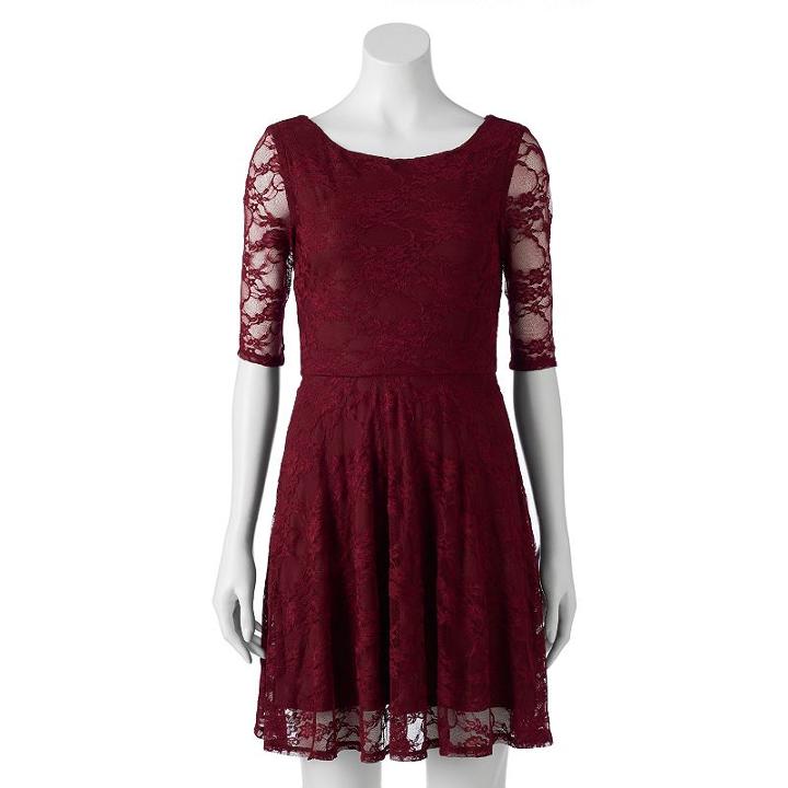 Juniors' Wrapper Floral Lace Skater Dress, Girl's, Size: Large, Dark Red