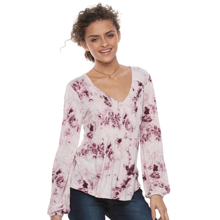 Juniors' About A Girl Print Smocked Tee, Size: Small, Purple