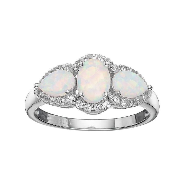 Sterling Silver Lab-created White Opal & White Topaz 3-stone Halo Ring, Women's, Size: 8
