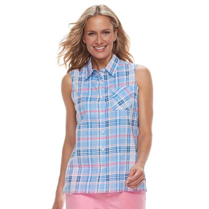 Women's Caribbean Joe Plaid Sleeveless Shirt, Size: Medium, Blue