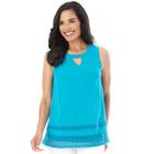 Women's Ab Studio Crochet-hem Keyhole Tank, Size: Regular, Turquoise/blue (turq/aqua)