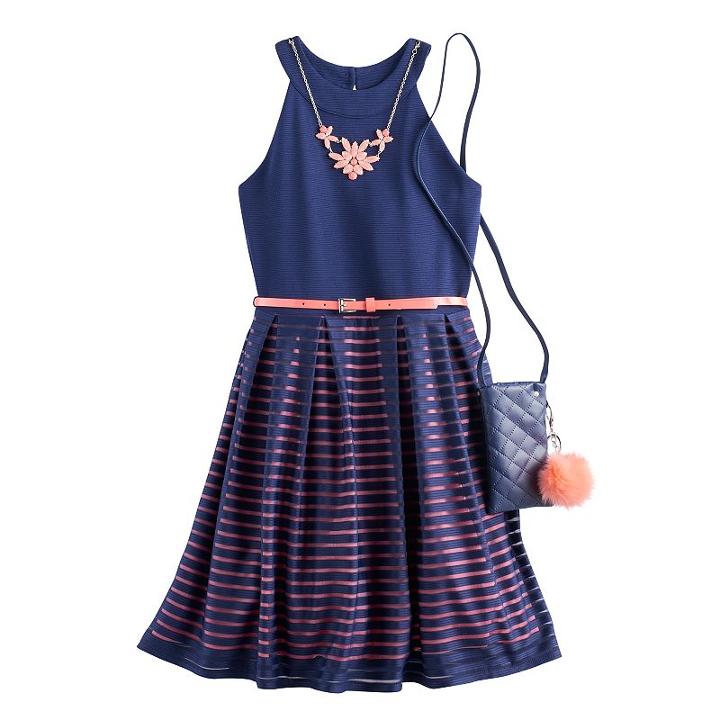 Girls 7-16 Knit Works Burnout Striped Skater Dress With Crossbody Purse, Girl's, Size: 10, Blue (navy)