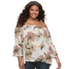 Juniors' Plus Size Liberty Love Striped Floral Off-the-shoulder Bell Sleeve Top, Teens, Size: 2xl, Black Blush
