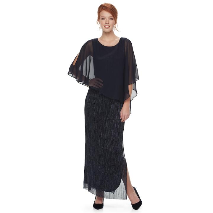 Women's Connected Apparel Metallic Chiffon Popover Evening Gown, Size: 16, Blue (navy)