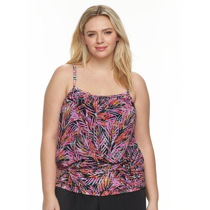 Plus Size A Shore Fit Tummy Slimmer Mesh Blouson Tankini Top, Women's, Size: 16 W, Pink