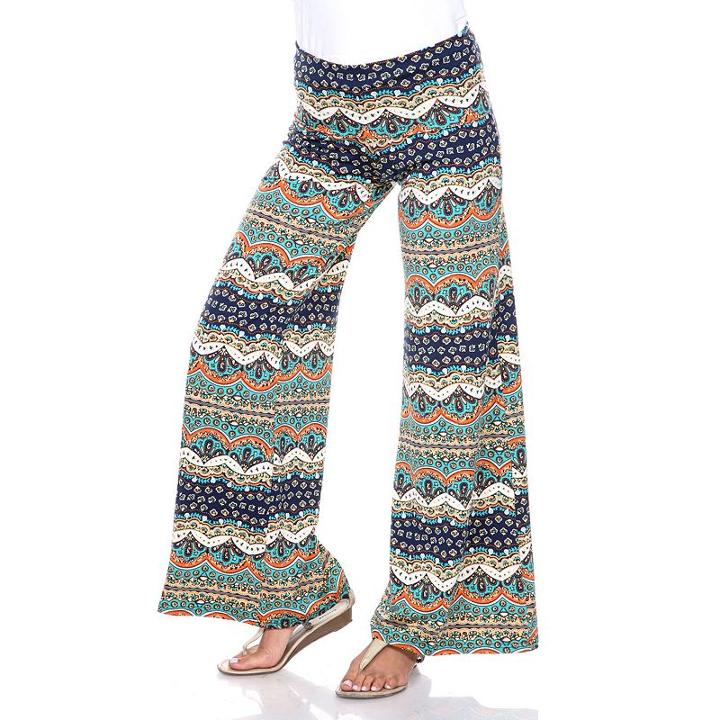 Women's White Mark Print Palazzo Pants, Size: Medium, Blue Other