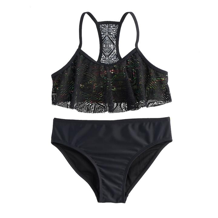 Girls 7-16 So&reg; Crochet Ruffle Overlay Rainbow Bikini Top & Bottoms Swimsuit Set, Size: 7-8, Black