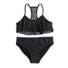 Girls 7-16 So&reg; Crochet Ruffle Overlay Rainbow Bikini Top & Bottoms Swimsuit Set, Size: 7-8, Black