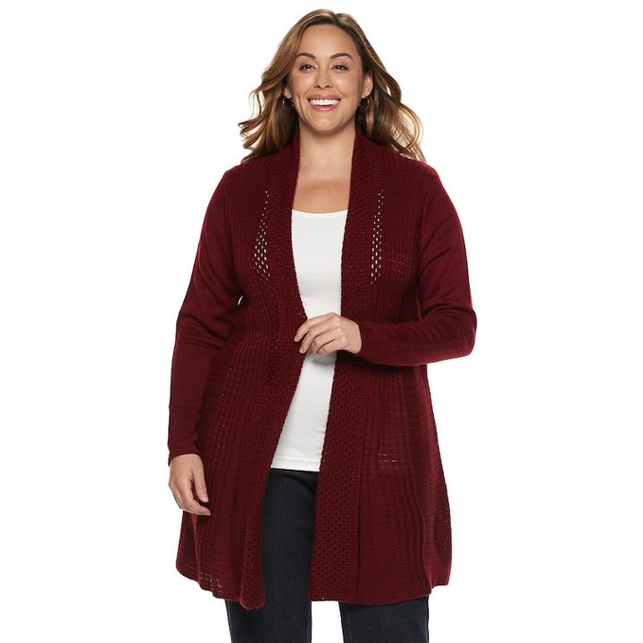 Plus Size Dana Buchman Pleated Open-work Cardigan Sweater, Women's, Size: 2xl, Dark Red