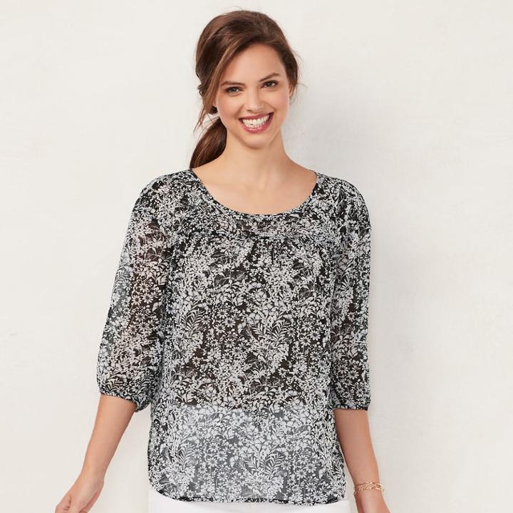 Women's Lc Lauren Conrad Printed Chiffon Peasant Top, Size: Xs, Black