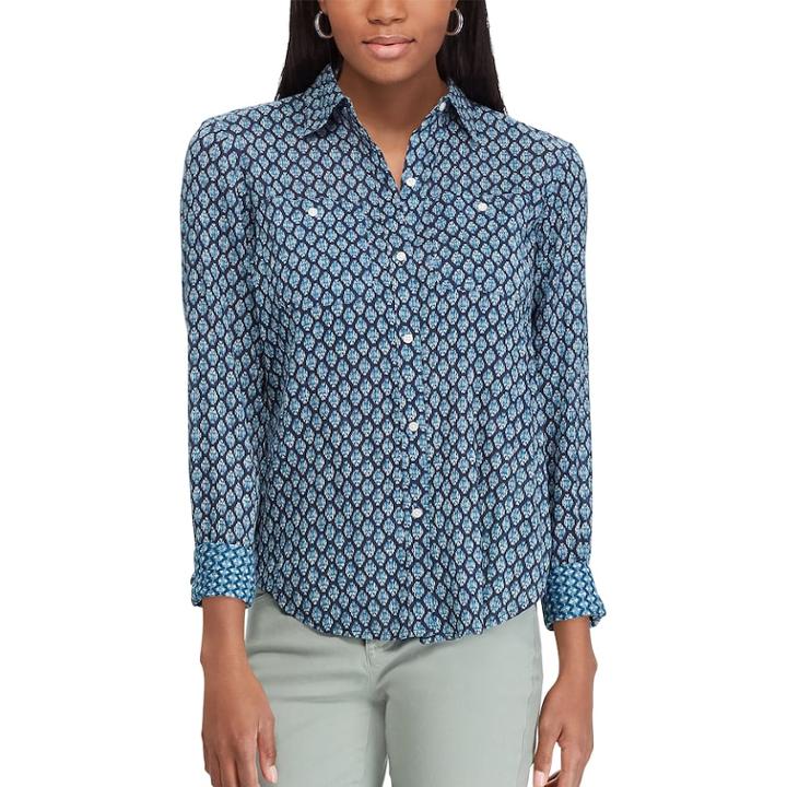 Petite Chaps Printed Button Down Shirt, Women's, Size: L Petite, Blue