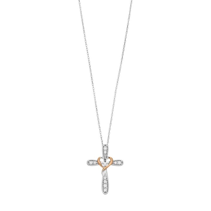 Two Tone 10k White Gold Cross & Heart Pendant Necklace, Women's, Size: 18