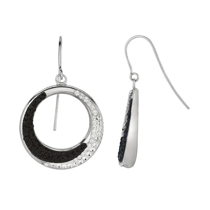 Silver On The Rocks Sterling Silver Black And White Crystal Hoop Drop Earrings - Made With Swarovski Crystals, Women's