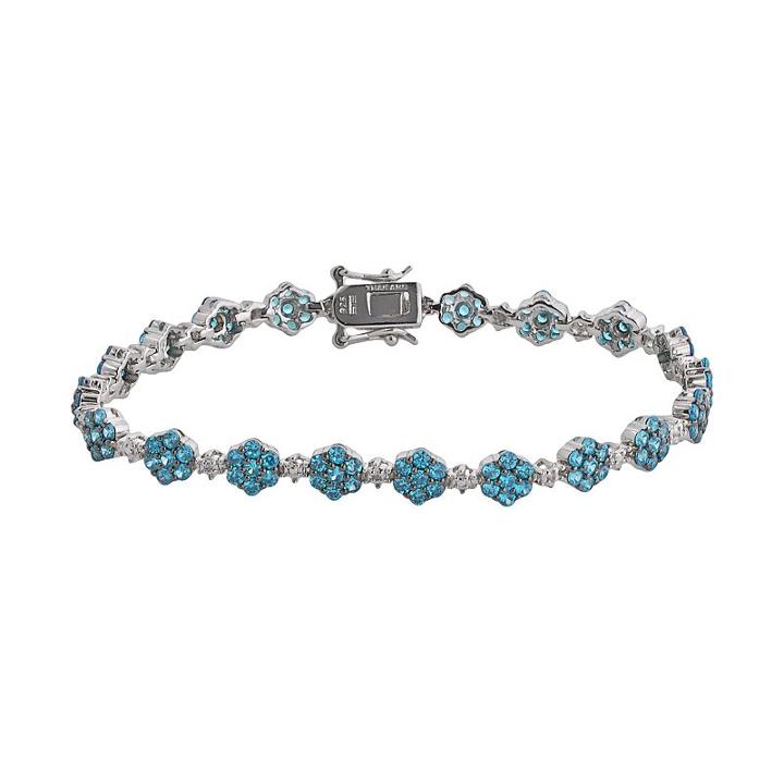 Sterling Silver Blue And White Crystal Flower Link Bracelet, Women's, Size: 7.5