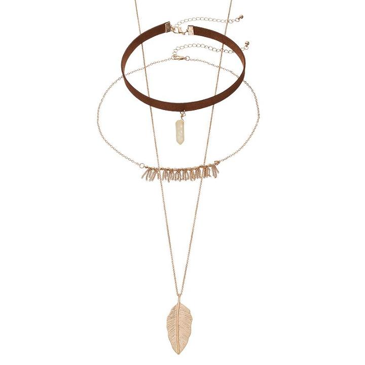 Mudd&reg; Fringe, Leaf Pendant & Simulated Quartz Choker Necklace Set, Women's, Gold