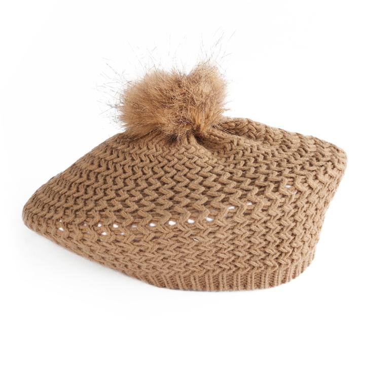 Women's Apt. 9&reg; Faux Fur Pom Pom Knit Beret, Dark Beige