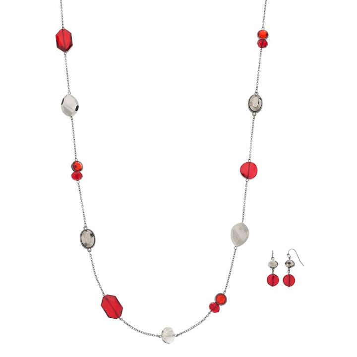 Red Long Beaded Station Necklace & Drop Earring Set, Women's