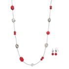 Red Long Beaded Station Necklace & Drop Earring Set, Women's