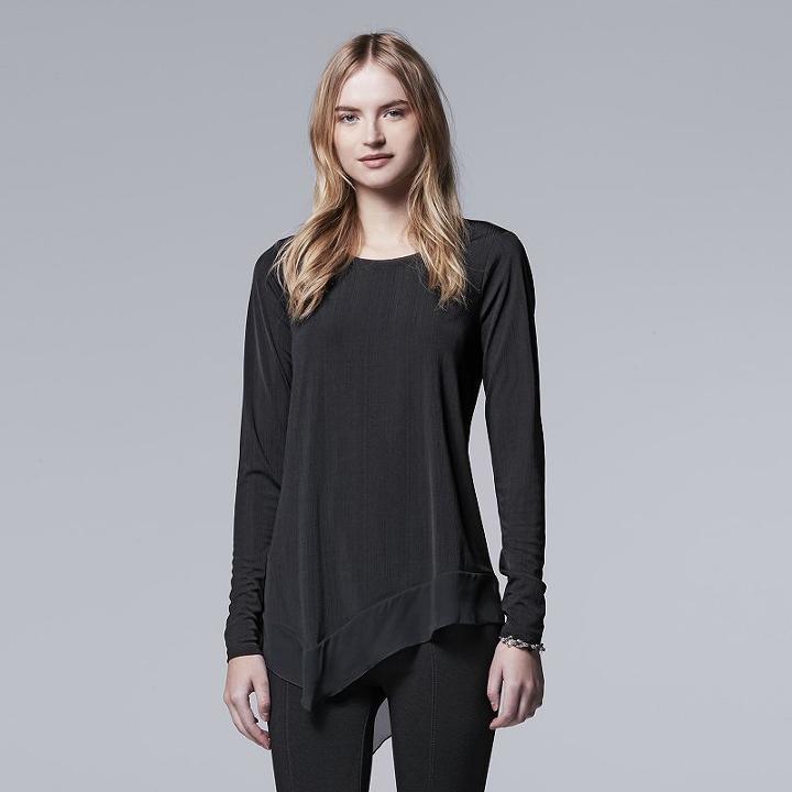 Petite Simply Vera Vera Wang Mixed-media Asymmetrical Top, Women's, Size: S Petite, Black