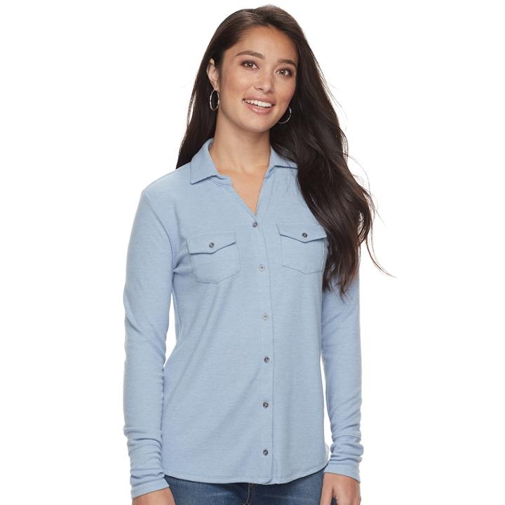 Women's Sonoma Goods For Life&trade; Supersoft Ribbed Johnny Collar Shirt, Size: Xs, Med Blue