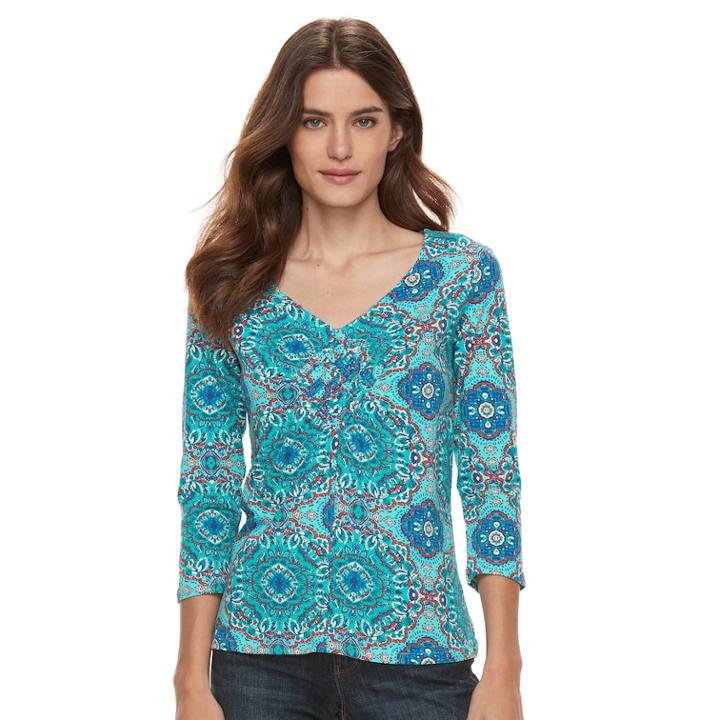 Women's Caribbean Joe Abstract 3/4 Sleeve Top, Size: Medium, Green