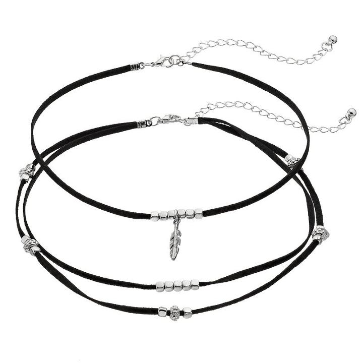 Beaded Leaf Charm Faux Suede Choker Necklace Set, Women's, Black