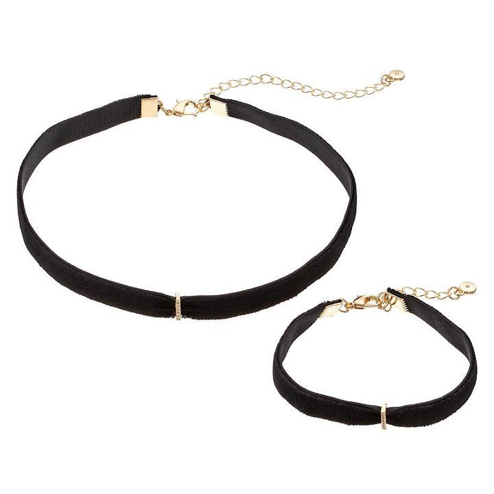 Lc Lauren Conrad Cubic Zirconia Bar Black Cord Choker Necklace & Bracelet Set, Women's