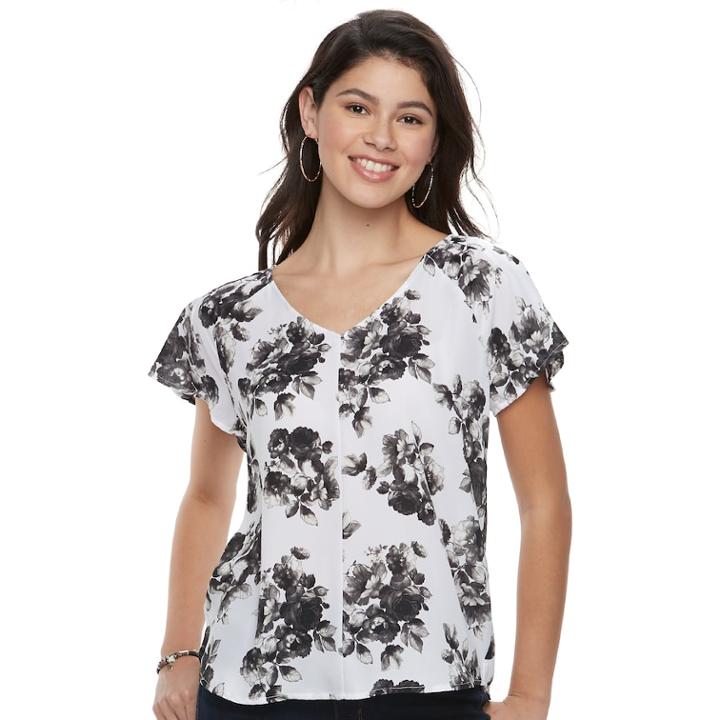Juniors' Grayson Threads Floral Flutter Sleeve Top, Teens, Size: Small, White