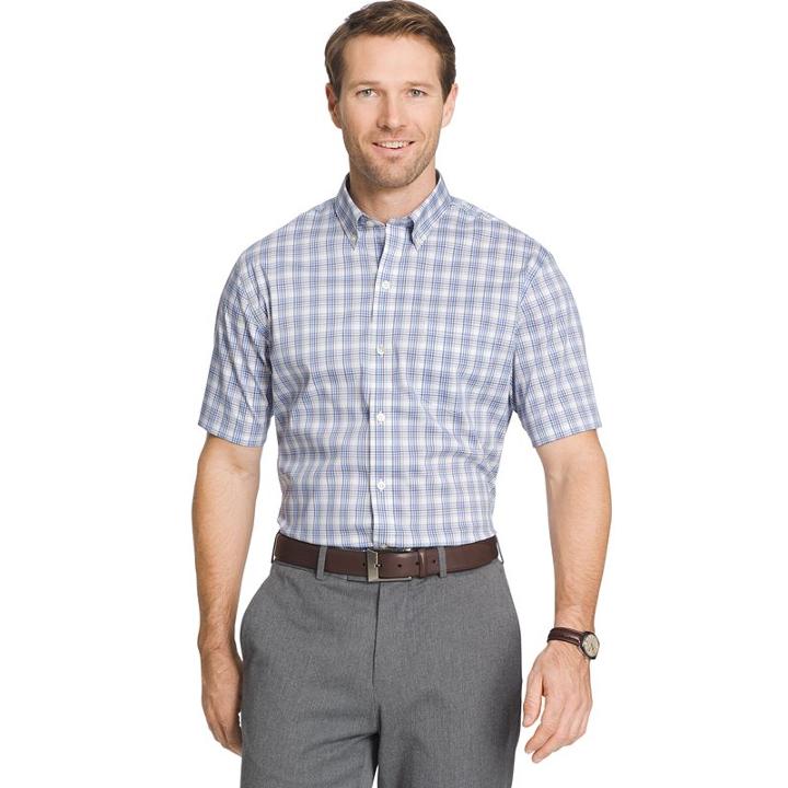 Men's Van Heusen Flex Stretch Classic-fit Plaid No-iron Button-down Shirt, Size: Small, Light Blue