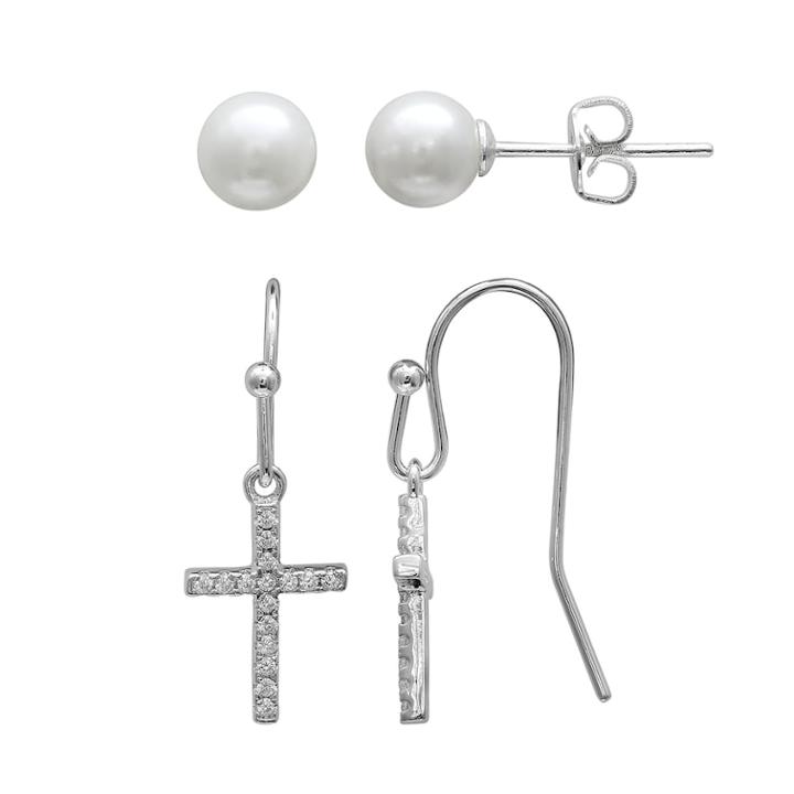 Primrose Sterling Silver Simulated Pearl Stud & Cubic Zirconia Cross Earring Set, Women's, White