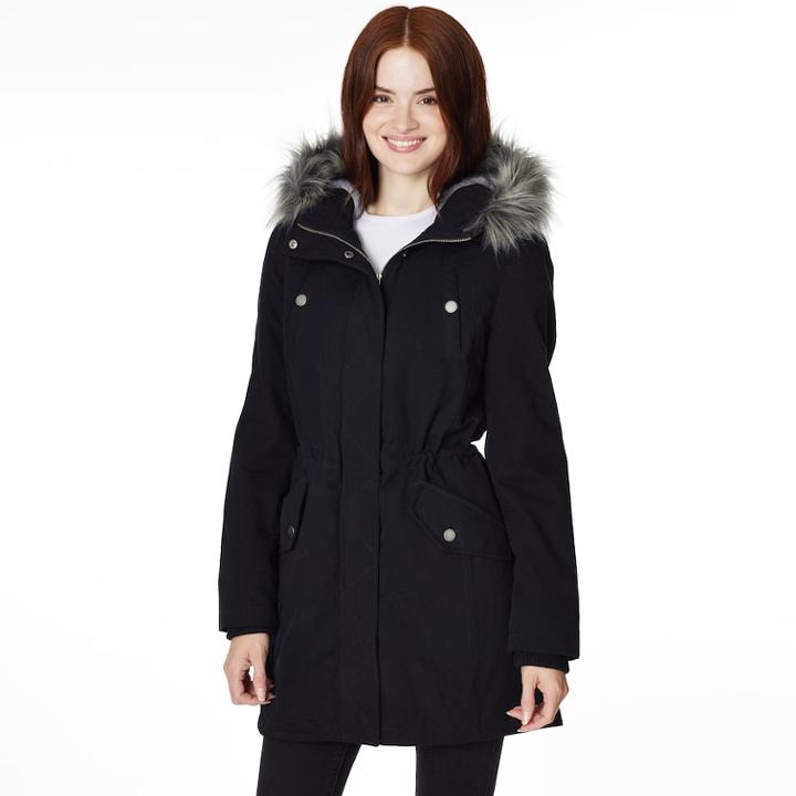 Women's Halitech Faux-fur Hooded Anorak Cotton Parka, Size: Large, Black