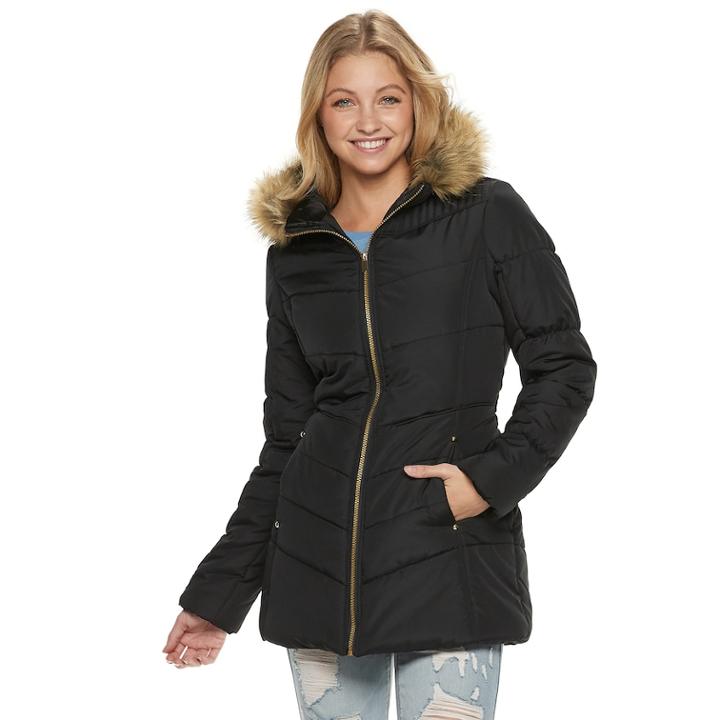 Juniors' Pink Envelope Faux-fur Puffer Jacket, Teens, Size: Medium, Black