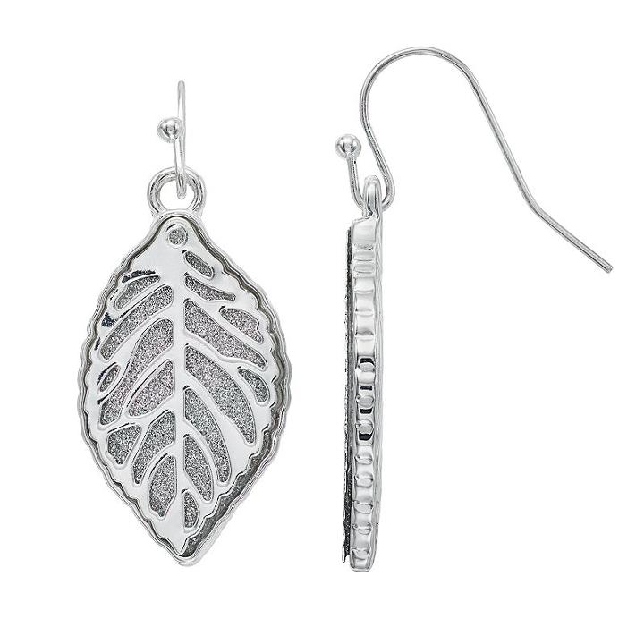 Glittery Leaf Drop Earrings, Women's, Silver