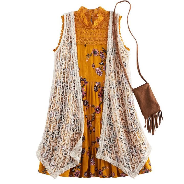 Girls 7-16 Knitworks Crochet Duster Vest & Lace Highneck Tiered Floral Dress Set With Fringe Crossbody Cell Phone Purse, Size: 12, Drk Yellow