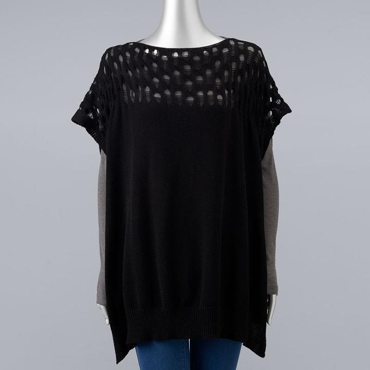 Simply Vera Vera Wang Lace Knit Stitch Poncho, Women's, Black