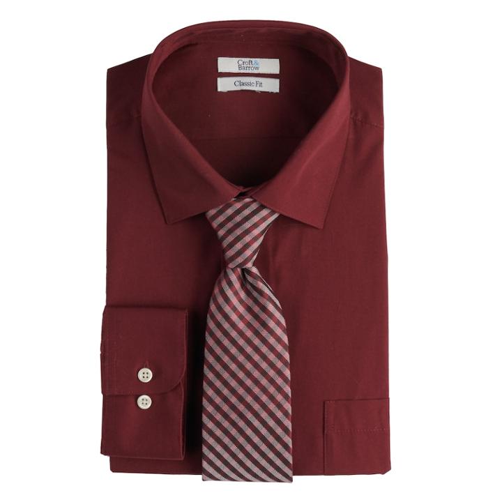 Men's Croft & Barrow&reg; Regular-fit Stretch-collar Dress Shirt And Patterned Tie Boxed Set, Size: S 32-33, Dark Red